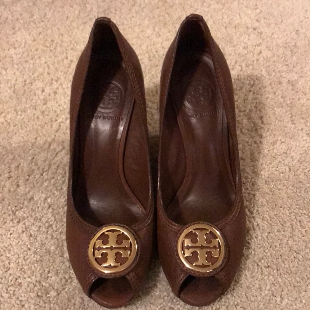Tory Burch brown leather peep toe wedges